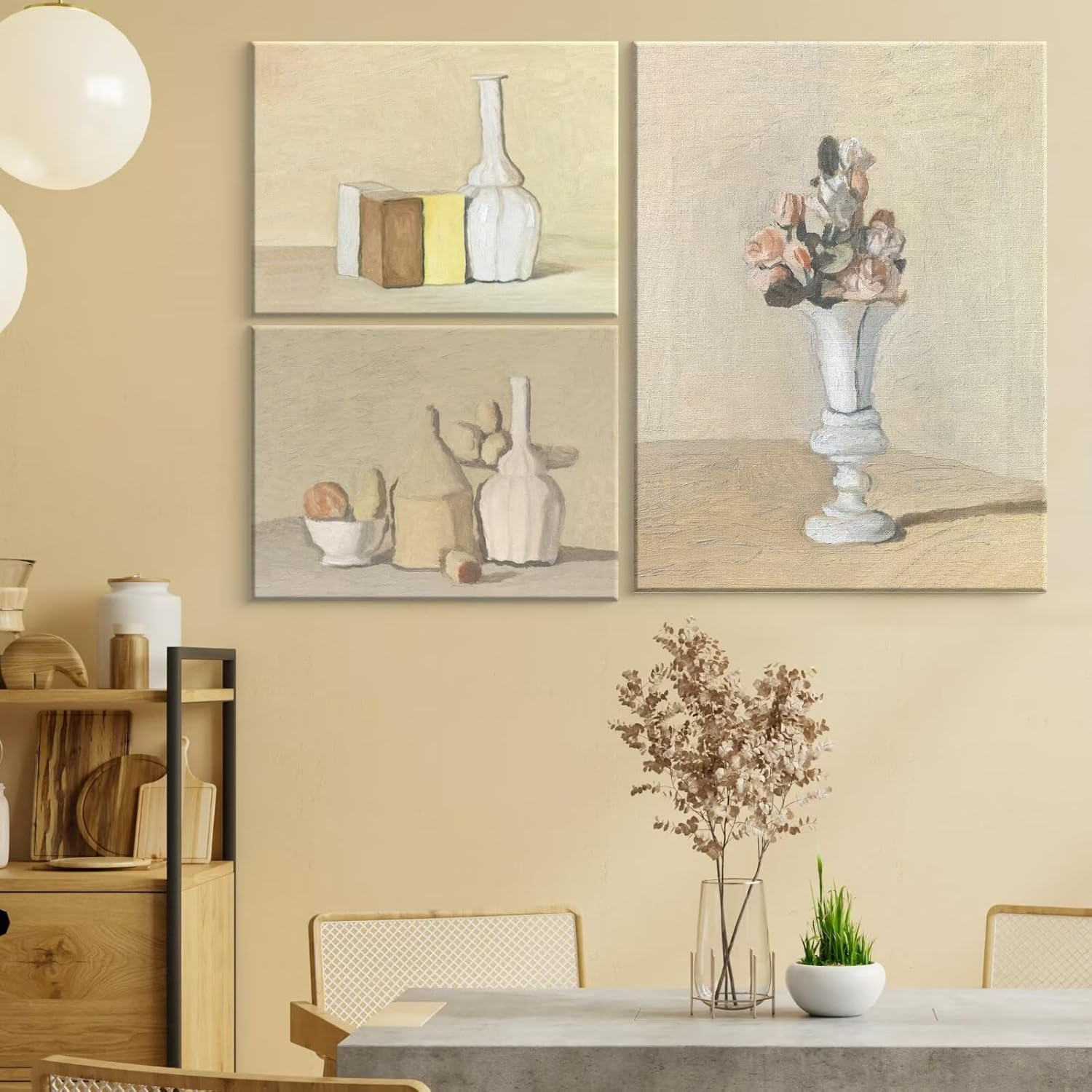 PHOENIX Giorgio Morandi Wall Art Decor Set of 3 Framed Canvas Still Life Flowers White Vase Bottles Boxes Fruits and Vessels Muted Tones for Living Room Bedroom Office 18X24 Inch