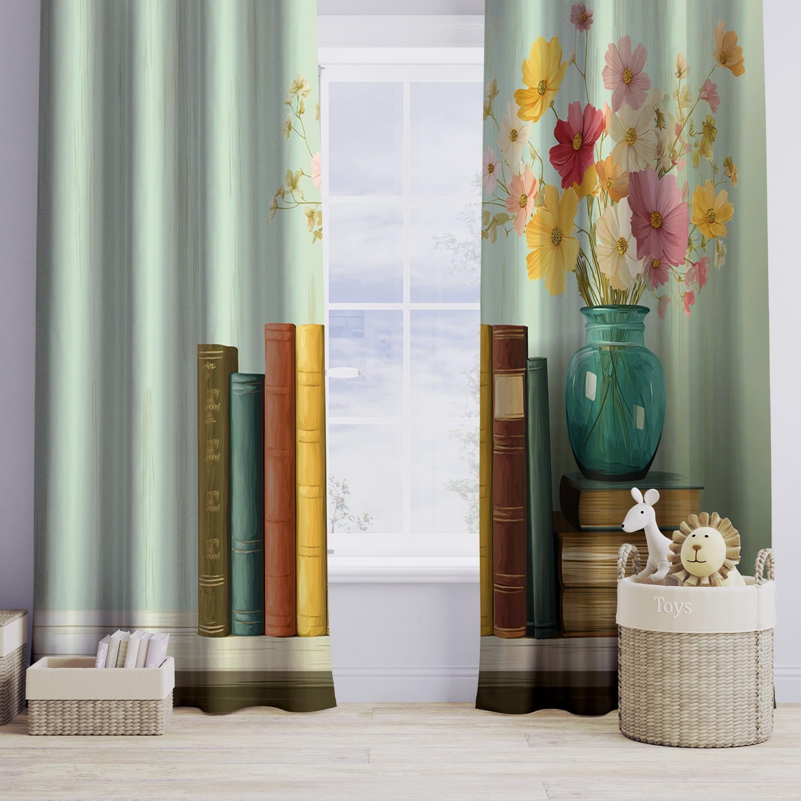 Hellgrün Blickdicht Vorhänge für Wohnzimmer Retro Buch Blumen Verdunklungsvorhang mit Ösen, Blickdicht Gardinen Thermovorhang für Schlafzimmer Deko 2er Set, H 260 x B 140 cm