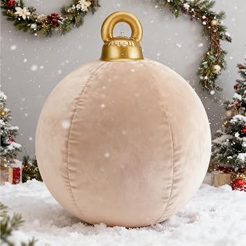 Giant Velvet Christmas Inflatable Balls Ornament, Flocked Blow up Christmas Ornaments Holiday Yard Outdoor Decor for Christmas Tree Indoor Lawn Porch Khaki, 24 Inches