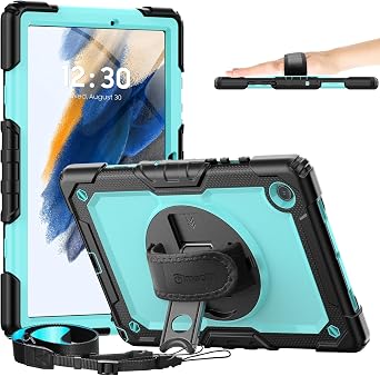 Timecity Case for Samsung Galaxy Tab A8 10.5 inch 2022 Released SM-X200/X205/X207, with Screen Protector 360 Degree Rotatable Kickstand Hand Strap Shoulder Strap Case for Tab A8 10.5, Light Blue
