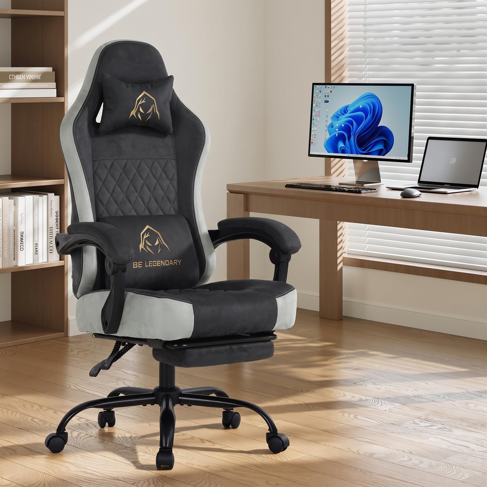 MALOL Gaming Chair for Adults, Faux Suede Computer Chair with Footrest and Lumbar Support, Height Adjustable Gaming Chair with 360°-Swivel Seat and Headrest, Black — image 1