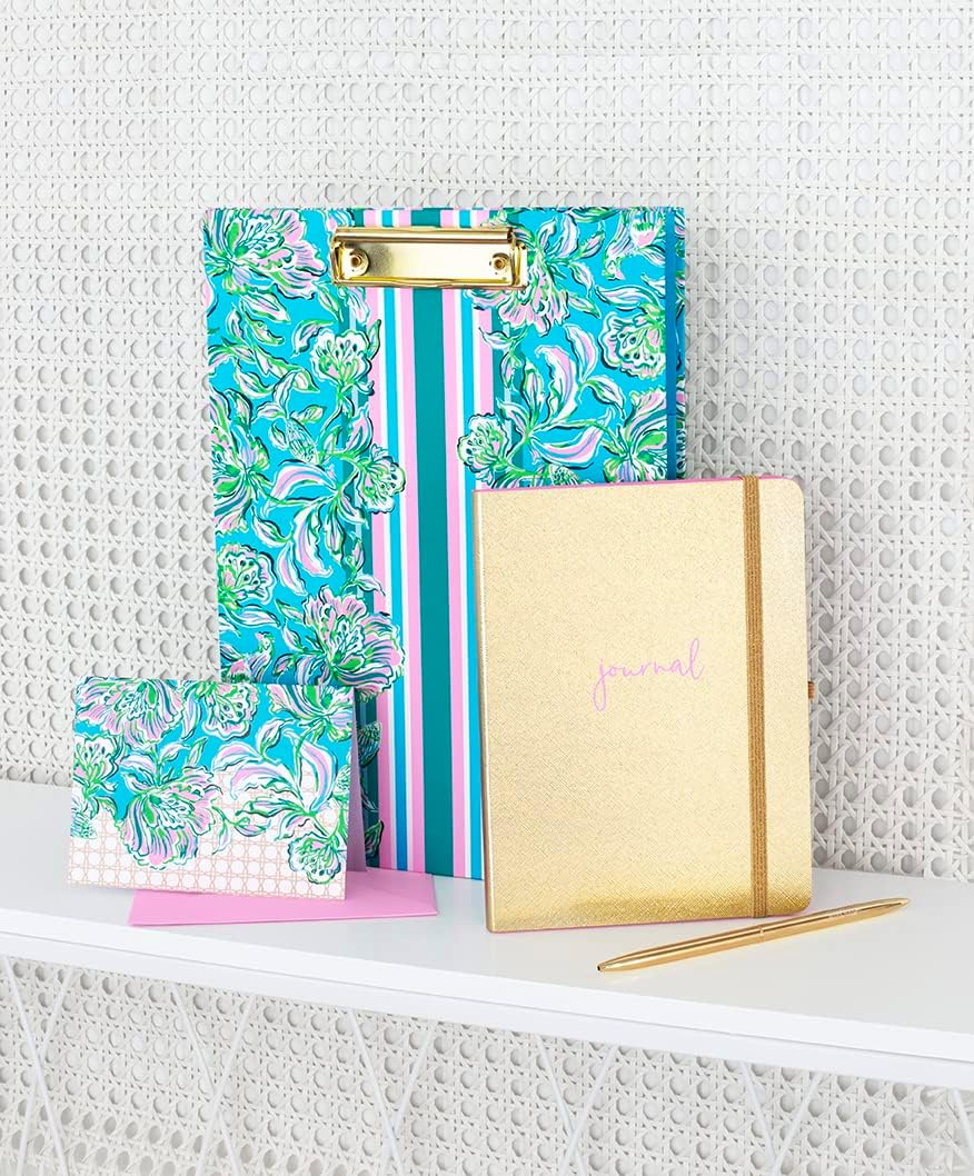Lilly Pulitzer Journal Notebook with Black Ink Pen, Writing Set Includes Cute Journal with 96 Lined Pages and Metal Pen, Gold