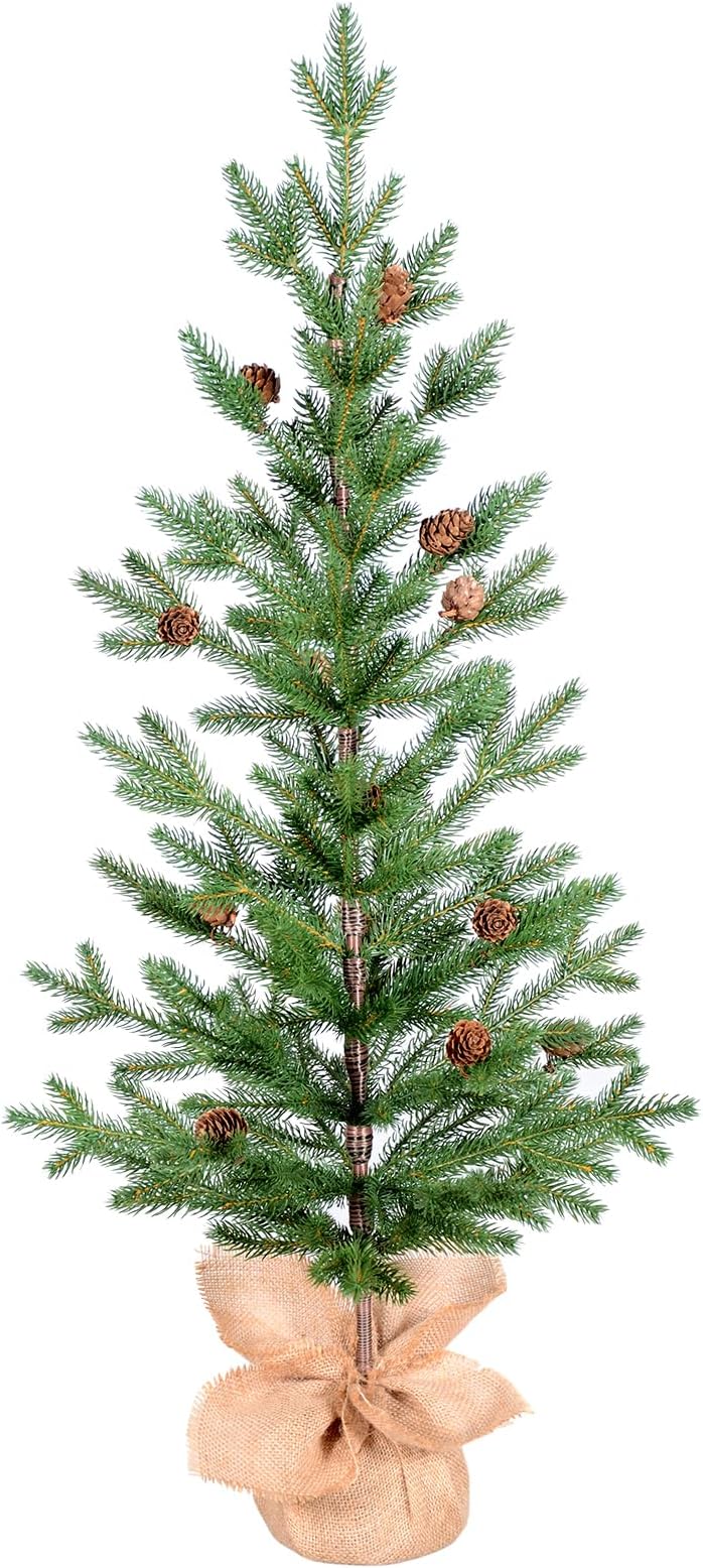 3FT Tabletop Artificial Christmas Tree with 228 PE Branch Tips, Pinecones, Unlit Small Xmas PE Trees with Cement Base Wrapped in Burlap, Green