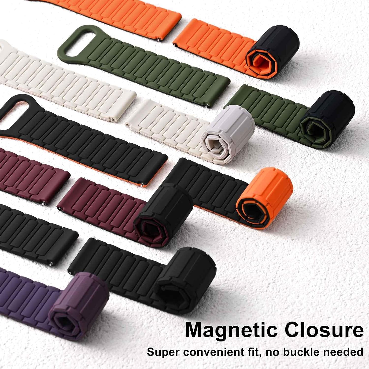 WOCCI Magnetic Silicone Watch Bands, Tactile Ridged Texture, Quick Release, Compatible Watch Lug 20mm 22mm