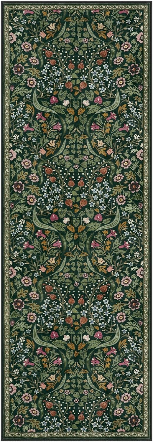 Lahome Claude Floral Hallway Runner, 2x6 Green Washable Runner Rug for Kitchen Non Slip, Soft Stain Resistant Long Carpet for Bathroom Entryway with Rubber Backing