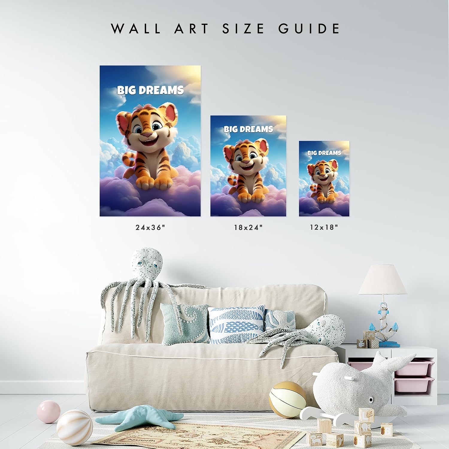 Raskals Kids Wall Art | Perfect for Baby's rooms, nurseries, playrooms, & toddler rooms | Inspirational Canvas Artwork for Kids. Big Dreams. Tiger (12in x 18in)