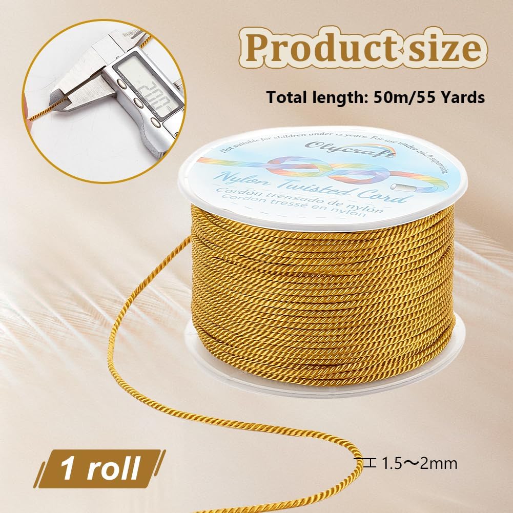 OLYCRAFT 55 Yards 1.5~2mm Twisted Satin Nylon Cord 3-Ply Gold Rope Cord Decorative Twisted Cords Trim String Thread Macrame Trim Cords for DIY Crafts Necklace Bracelet Jewelry Making