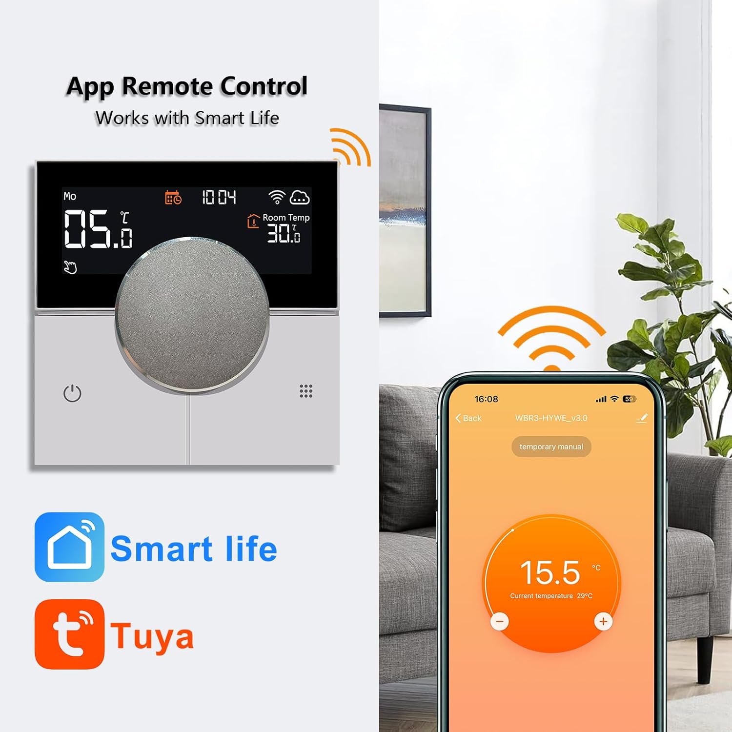 Thermostat with Smart Life and Tuya app logos