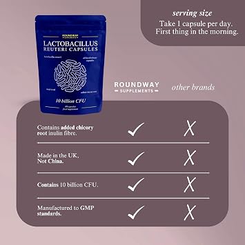 Lactobacillus Reuteri Bio Culture Capsules | High Strength L Reuteri 10 Billion CFU | 2 Months Supply for Women & Men with Added Inulin Prebiotic by Roundway Supplements