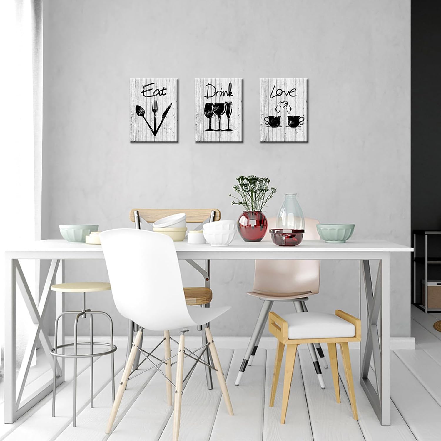 OuElegent Kitchen Canvas Wall Art Eat Love Sign Painting Pictures Rustic Wood Texture Prints Black Gray Modern Artwork for Home Restaurant Cafe Bar Wall Decor Framed Ready to Hang 12"x16"x3Pcs