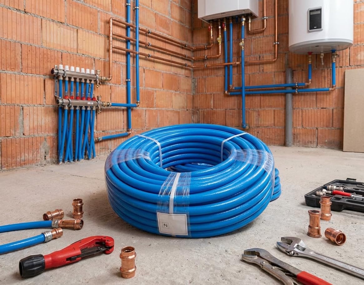 Suinga Tuberia Multicapa Azul para Fontaneria 16 mm con Aislamiento | Bobina 50 Metros | Espesor 2 mm | Presion 10 Bar | Soporta hasta 95C | Alta Resistencia y Durabilidad en Instalaciones