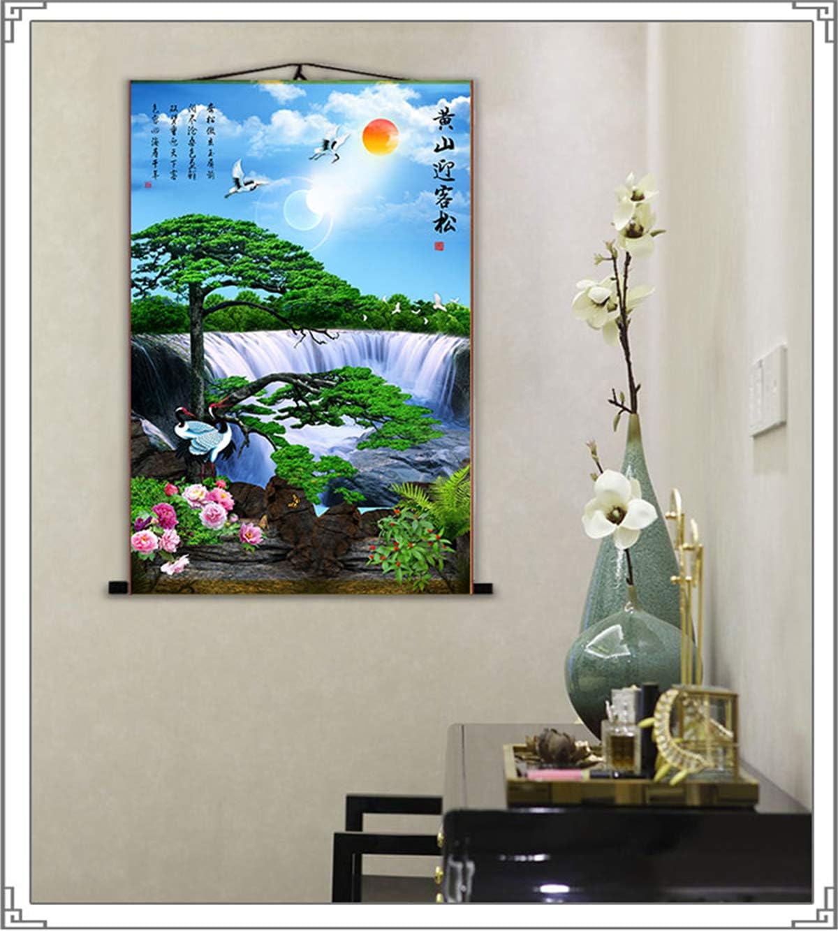 Zzooi Chinese Lucky Fengshui Painting Waterfall Golden Carps Wall Art Hanging Silk Painting Scroll,Feng Shui Decor