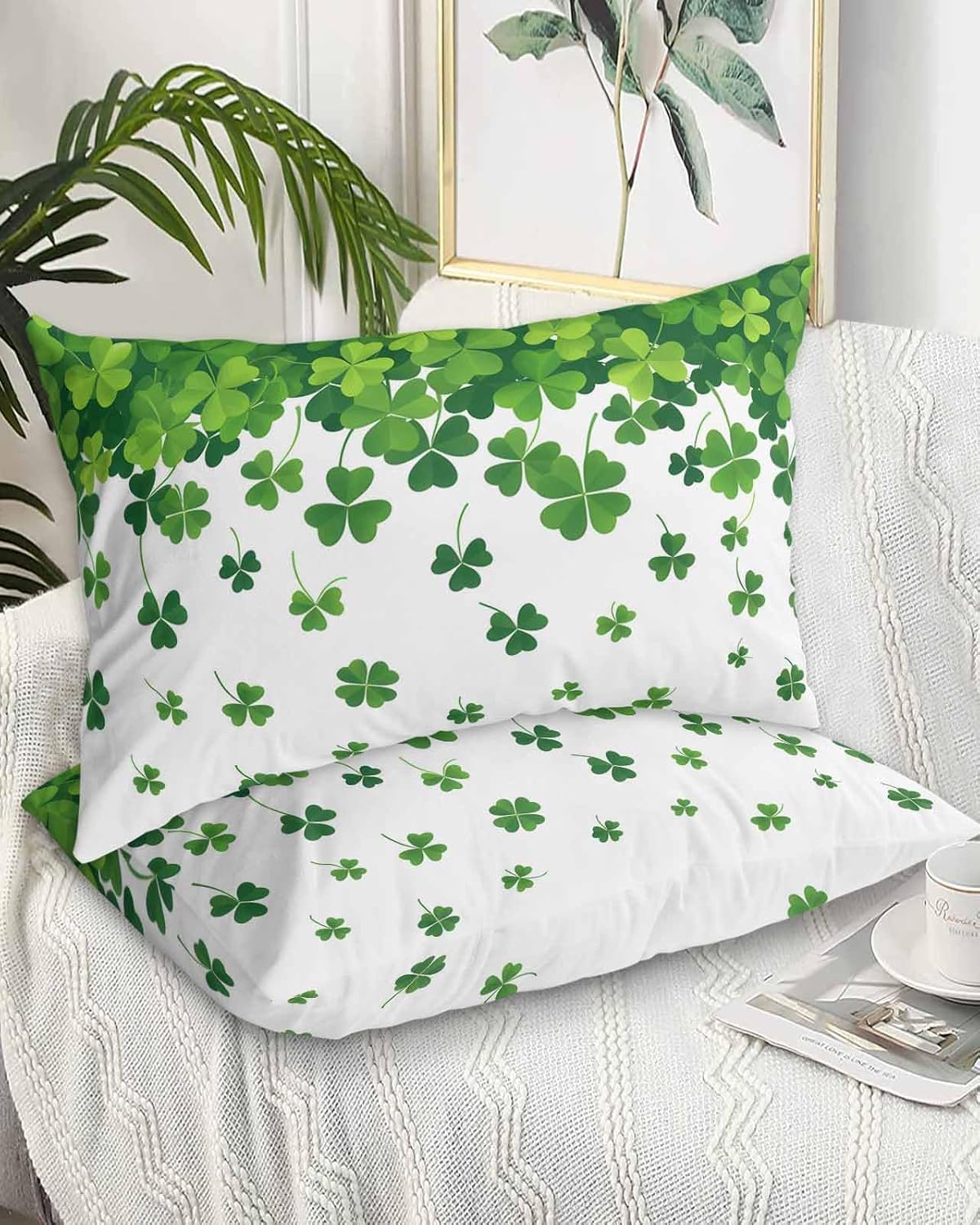 DecorLovee St. Patrick's Day Pillow Cases Standard Size Set of 2 - Microfiber Bed Throw Pillow Covers, Weeping Lucky Clover Green Botanical Lumbar Pillow Cover with Envelope Closure for Sofa 20"x26"