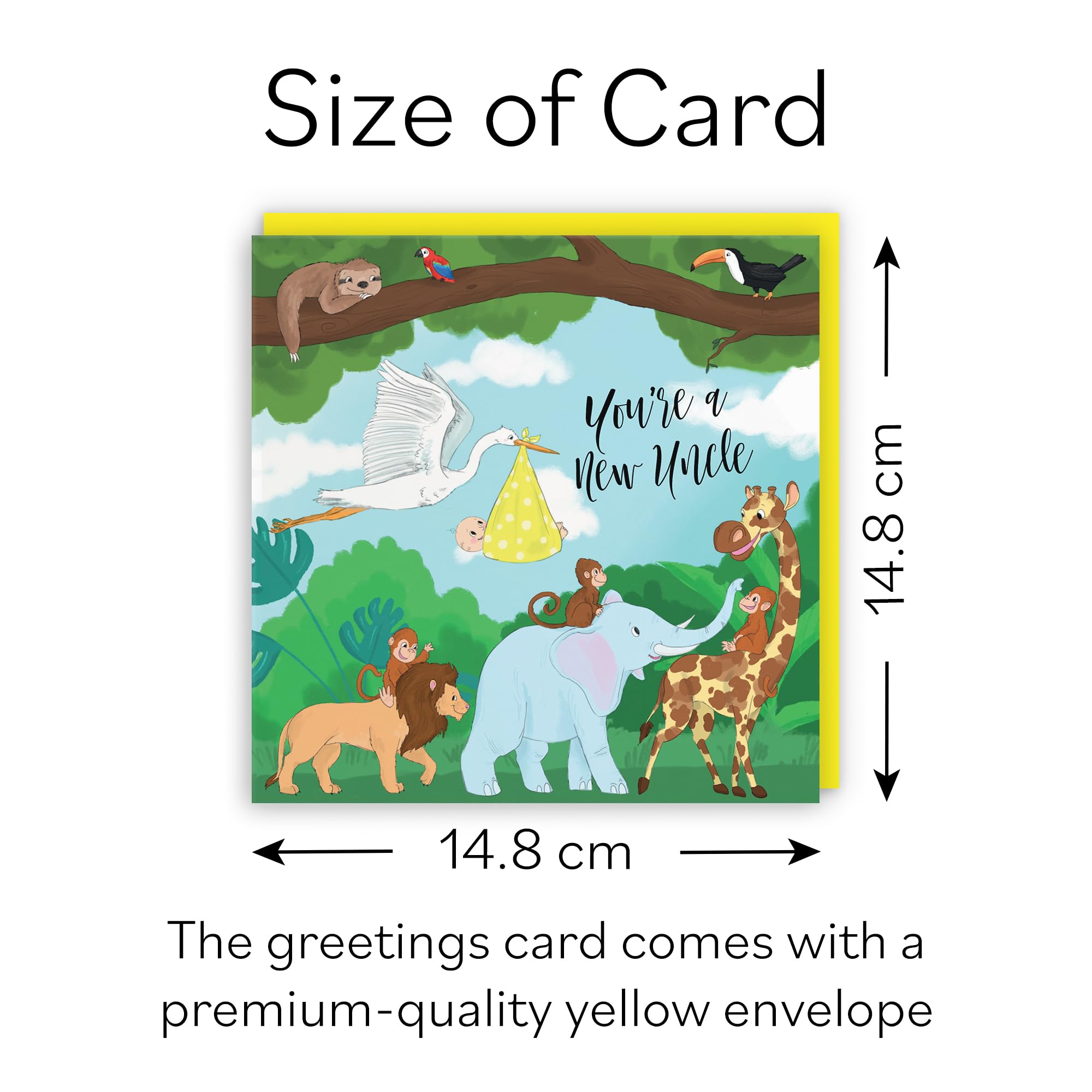 Hunts England - New Uncle Congratulations New Baby Card - Stork Holding New Baby Card - Yellow - You're A New Uncle - Boy - Girl - New Niece - Nephew Card - Jungle Collection - Image 4