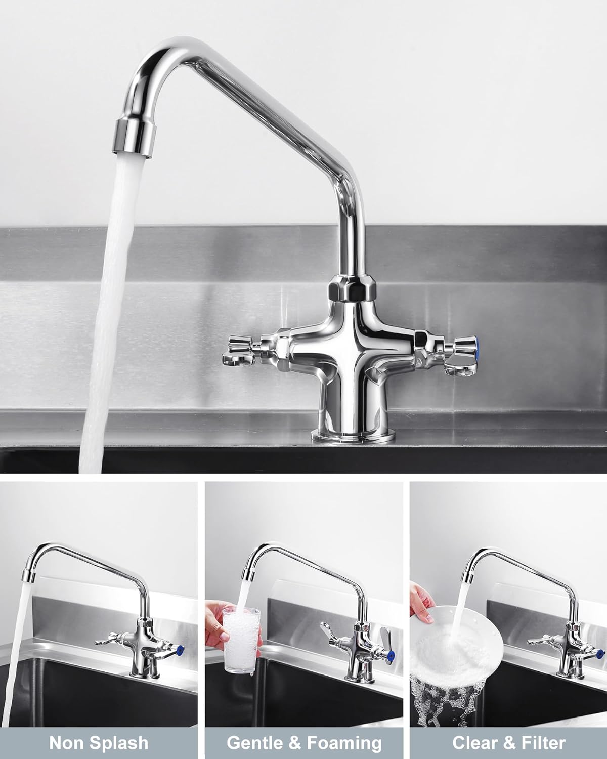 Dual Handle Hot & Cold Water Kitchen Faucet Deck Mount, Commercial Kitchen Sink Faucet Simple Modern 10" Swing Spout, Utility Sink Faucets Brass Construction with Supply Lines - Chrome