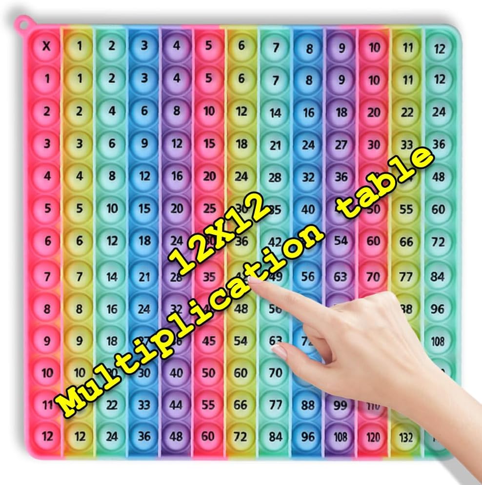 Rainbow Multiplication Table pop Fidget Toys Educational Math Learning Board Game, 12x12 Times Tables Practice, Colorful Silicone Push Bubble Sensory Toy (20cm Color red Multiplication)
