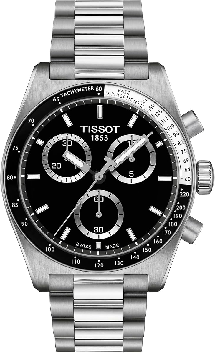 PR516 Chronograph, Swiss Quartz Watch for Men, Stainless Steel Case and Bracelet, Black Dial, 40 mm, T1494171105100