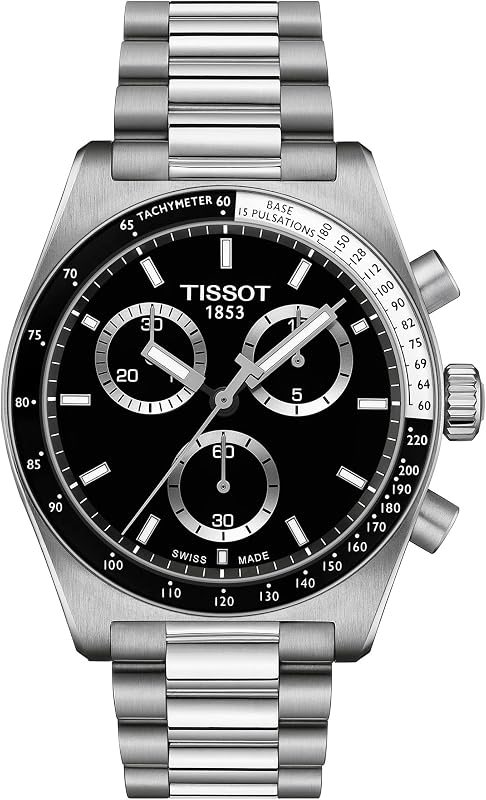 PR516 Chronograph, Swiss Quartz Watch for Men, Stainless Steel Case and Bracelet, Black Dial, 40 mm, T1494171105100