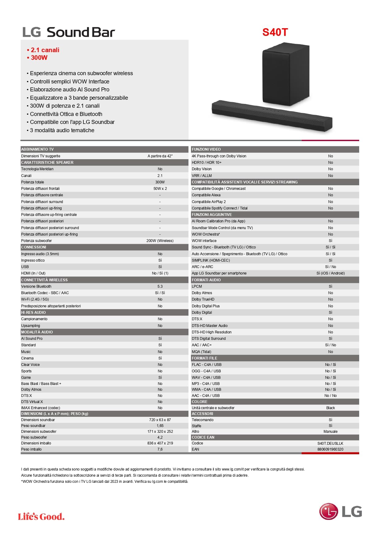 LG S40TR - Soundbar Intelligente, Potenza 400W e 4.1 Canali, con Intelligenza Artificiale, Prodotto Eco Smart Green, Suono Surround Dolby Atmos e DTS