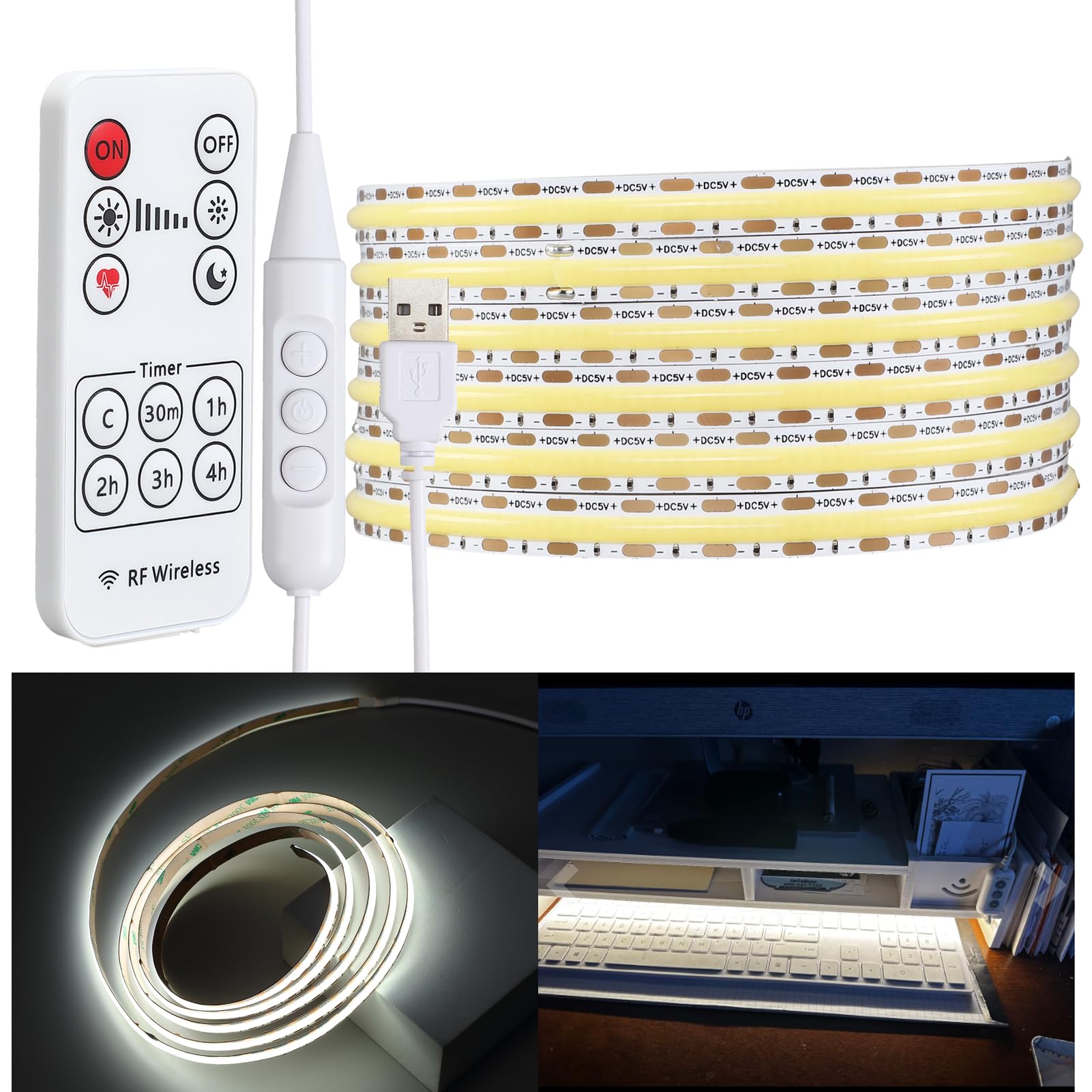 White LED Strip Tape Lights COB 5V USB-Powered Dimmer RF Remote Control 6.56ft 2m 960led Dotless 10W 800lm CRI Score 95 Pantry Kitchen Closet Cabinets LED Strips (Pure White 6000K 6.56ft Kit)