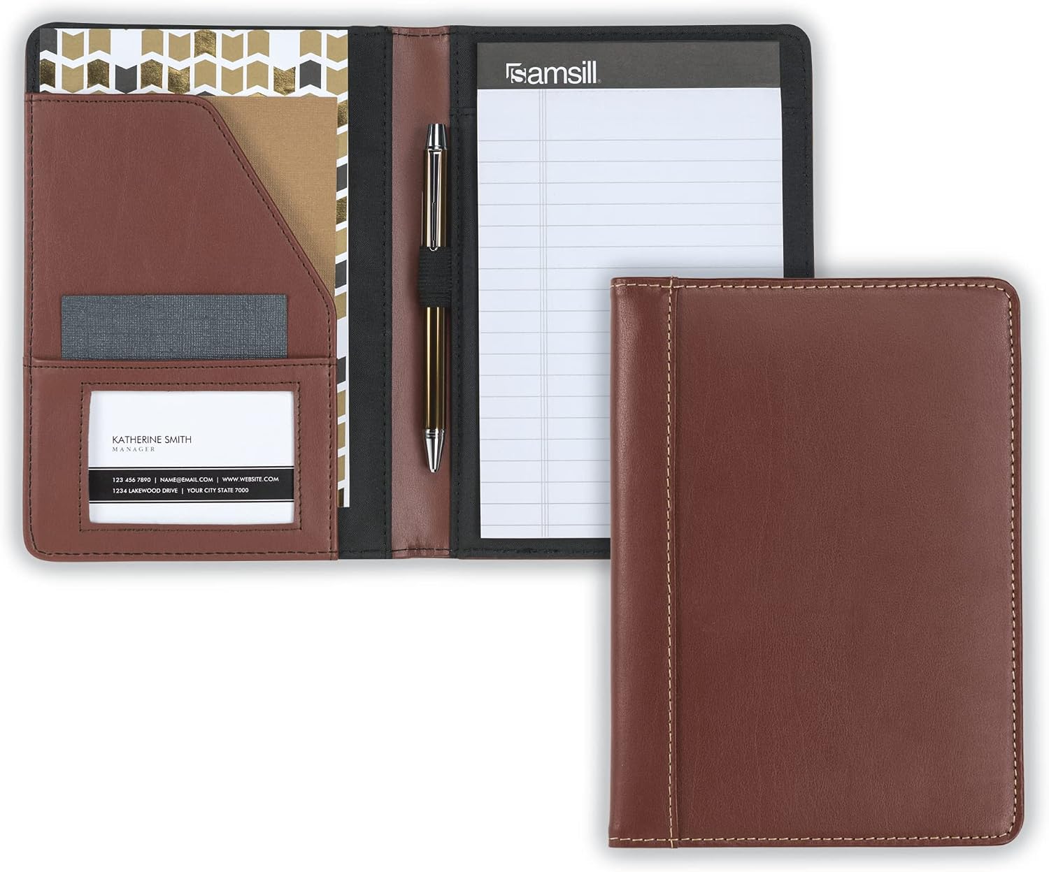 Samsill Contrast Stitch Leather Portfolio, Junior Size, 5 inch x 8 inch Writing Pad, Brown/Tan