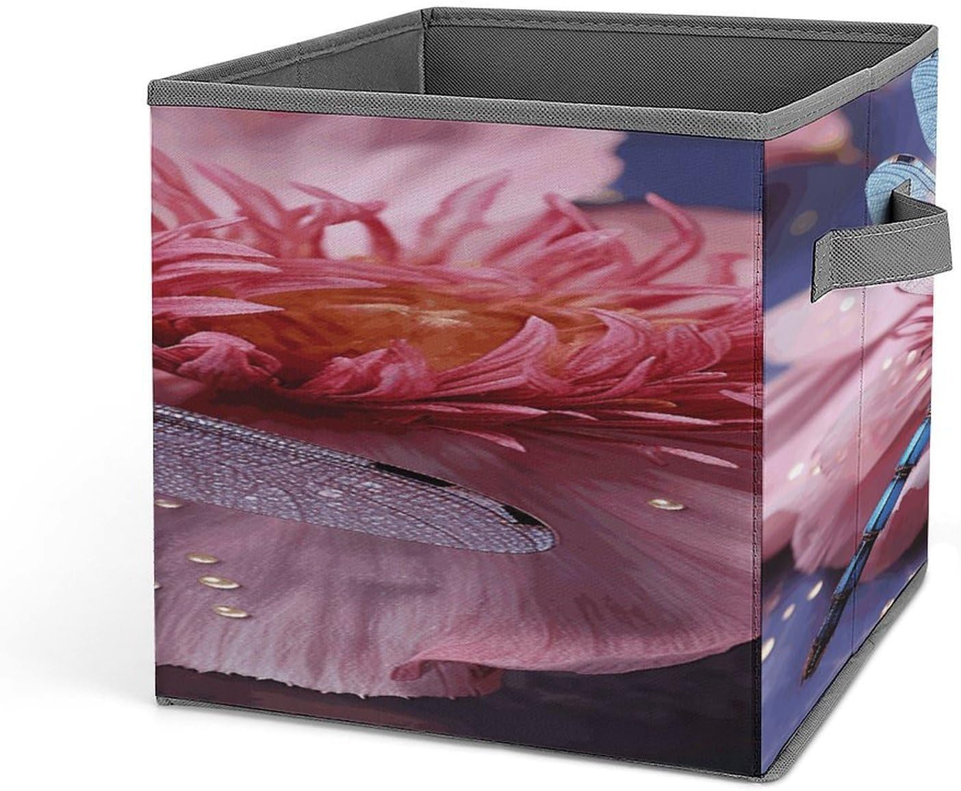 Pink Flower And Blue Dragonfly Fabric Bins Storage Basket Square Baskets | Storage Bin with Double Handles,Cube Collapsible Organizers for Organization,Closet,Shelves,Offices