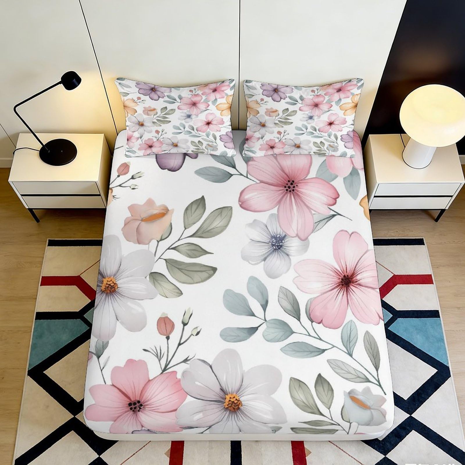 3D Printed Pastel Floral Fitted Sheet Microfiber Soft Washable Watercolor Blossom Bed Cover for Bedroom Decor 90x200x25cm