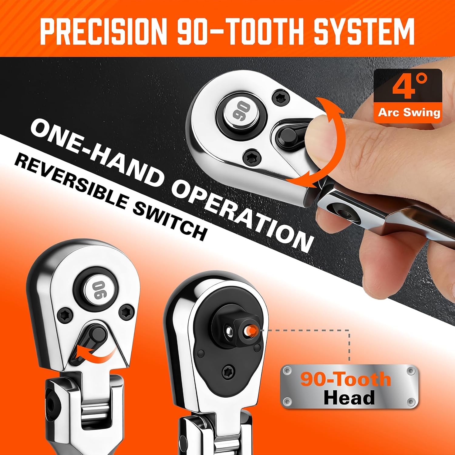 10-Piece Flex-Head Ratchet Set, 1/4", 3/8" & 1/2" Drive Socket Wrenches, 90-Tooth Quick-Release Reversible Low-Profile, Extension Bars (4", 10", 6") & 4 Adapters for Automotive, Bike, and Home Repair