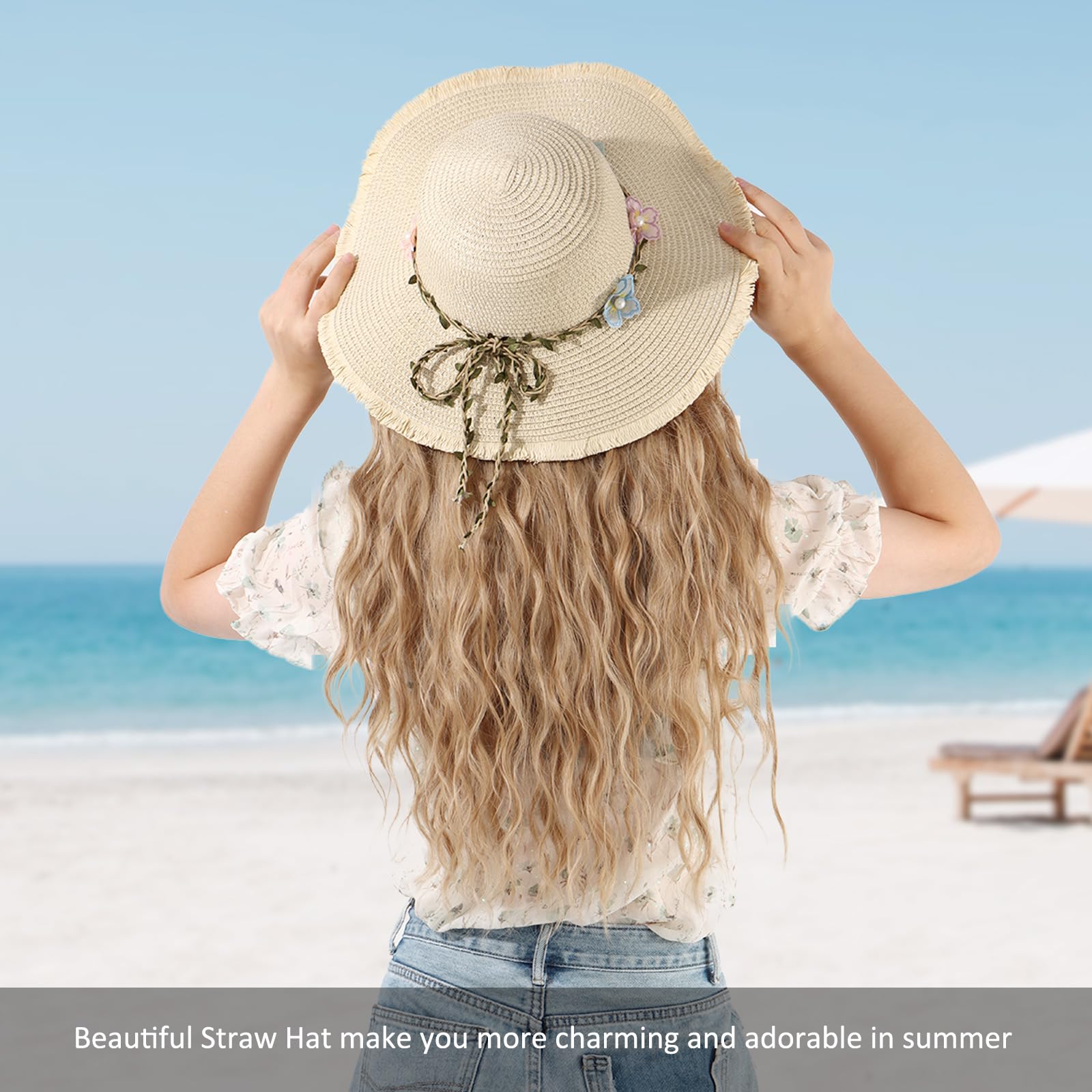 LY4U Cappello di Paglia da Donna, Cappelli da Sole da Donna UPF 50, Cappello da Spiaggia Estivo per Ragazza, Cappello da Viaggio Arrotolabile Floscio