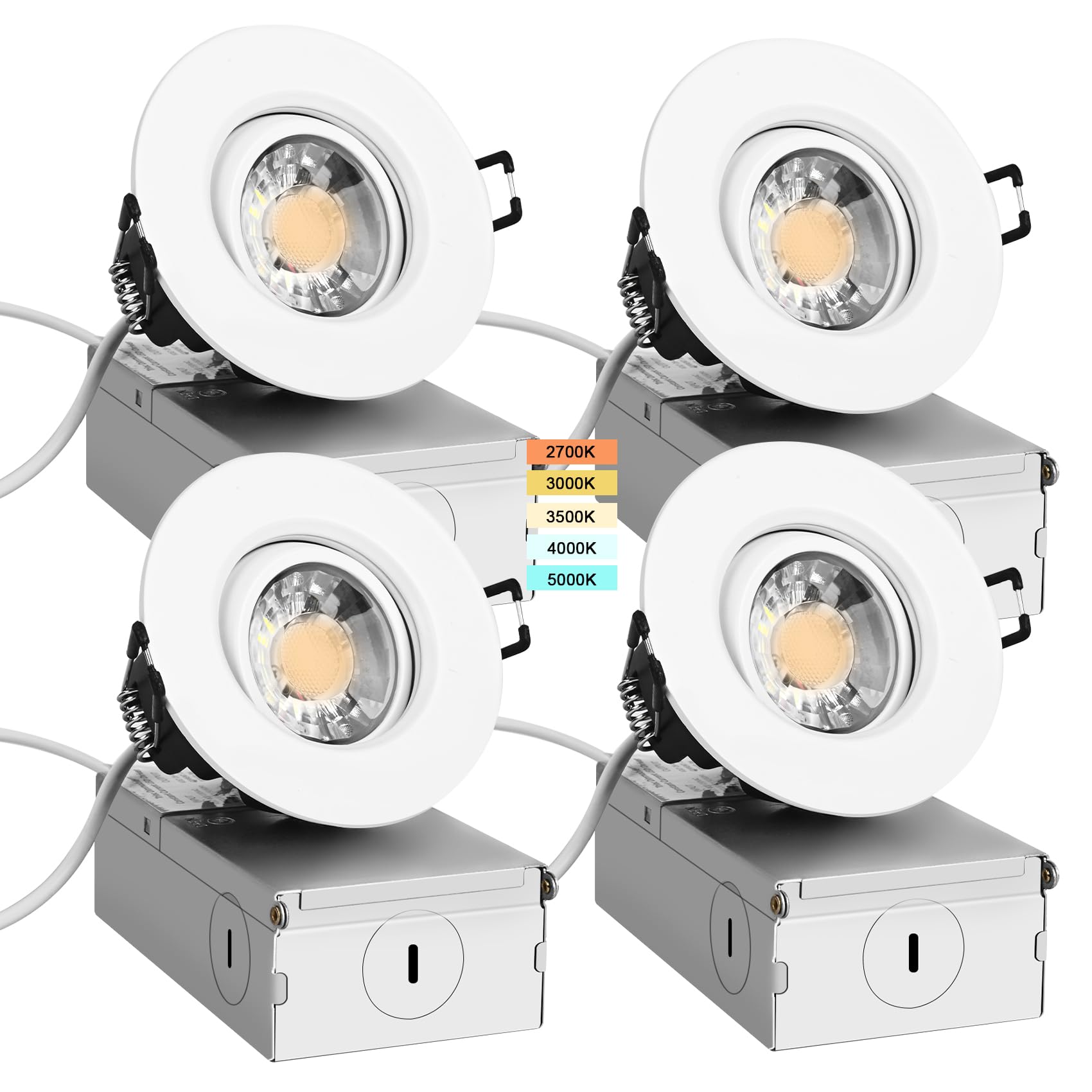 ZYC 3 inch Gimbal LED Recessed Lights - 4 Pack White Trim Recessed Ceiling Lights, LED Gimbal Canless Eyeball Light 5color Temperature Selectable, with Junction Box IC Rated 4 Pack-3IN-WH