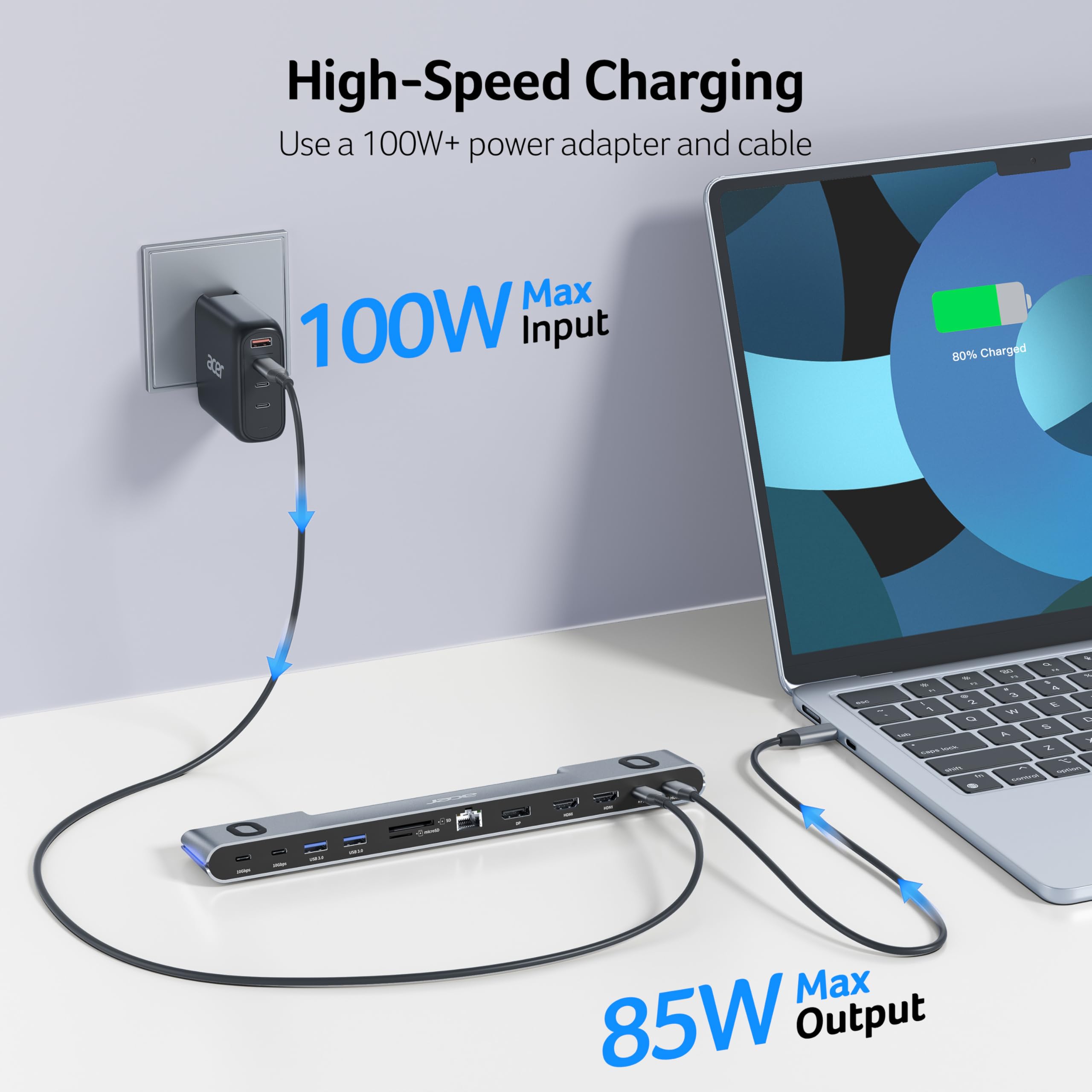 Acer Docking Station 3 Monitors, 11-in-1 Laptop Docking Station Stand with DP 8K + Dual HDMI 4K@60Hz, Ethernet, 10Gbps Data, 100W PD, SD/TF, USB C Dock with Detachable Cable for Acer/Dell/Mac/HP — view 6