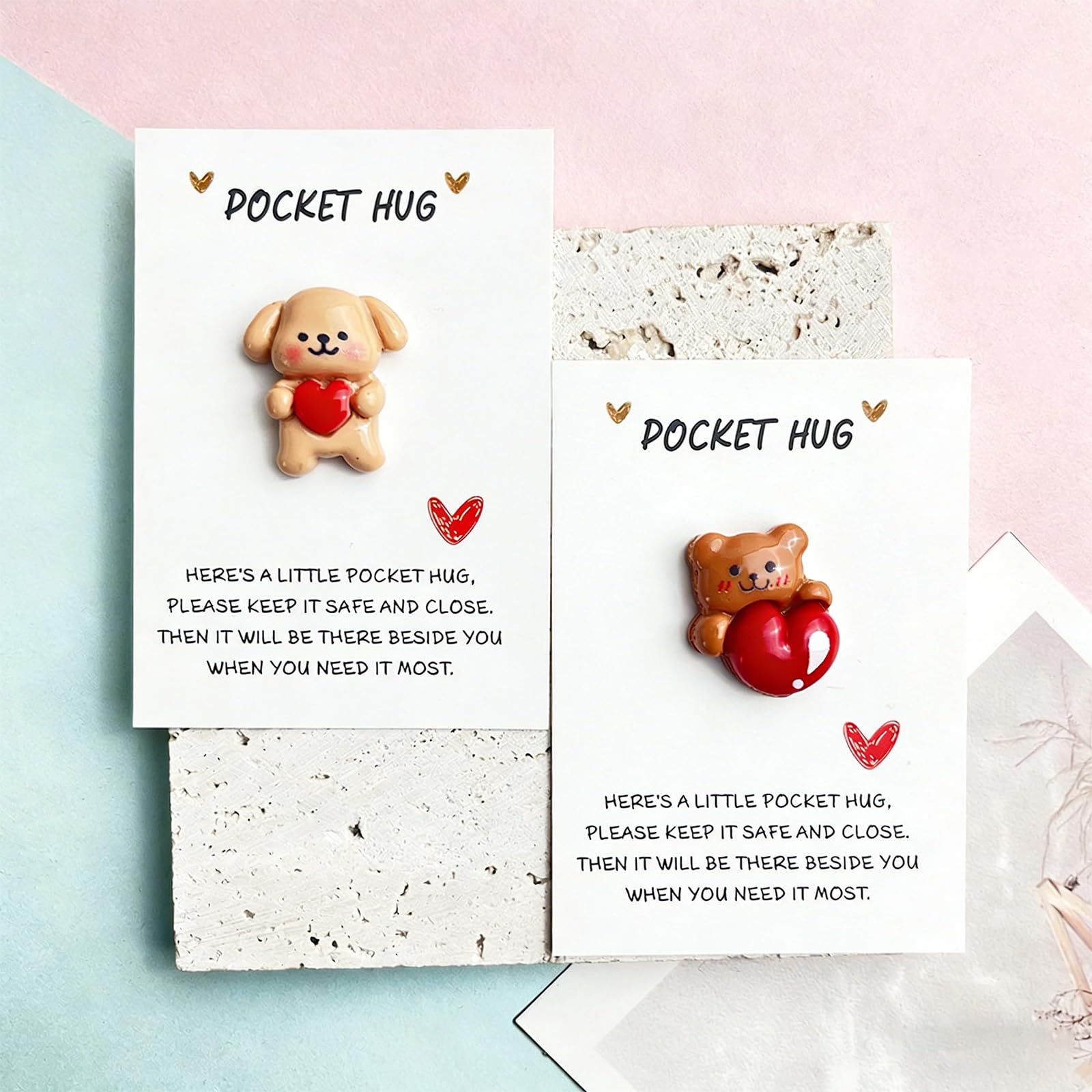 Muiltvoe 2Pcs Pocket Hug Bear & Dog With Cards Positve Good Luck Gifts Cute Mini Bear Puppy Figurines With Heart Pocket Hugs Keepsake Encouragement Gift For Friends Family Long Distance Love