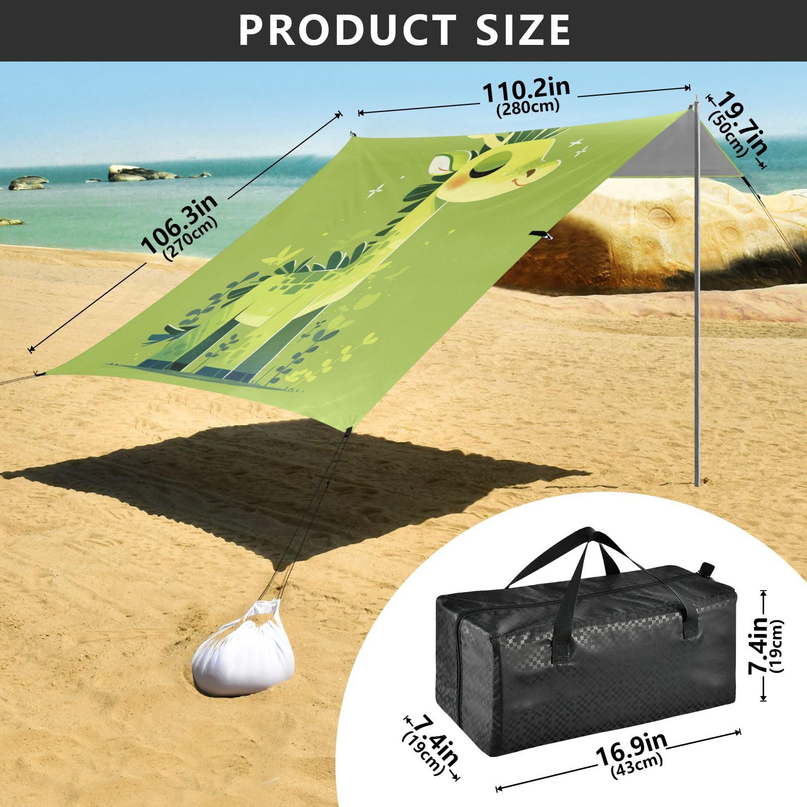 Grand pare-soleil de plage pliable vert clair UPF50+ Protection imperméable Grand pare-soleil avec sac de transport pour voyage en famille