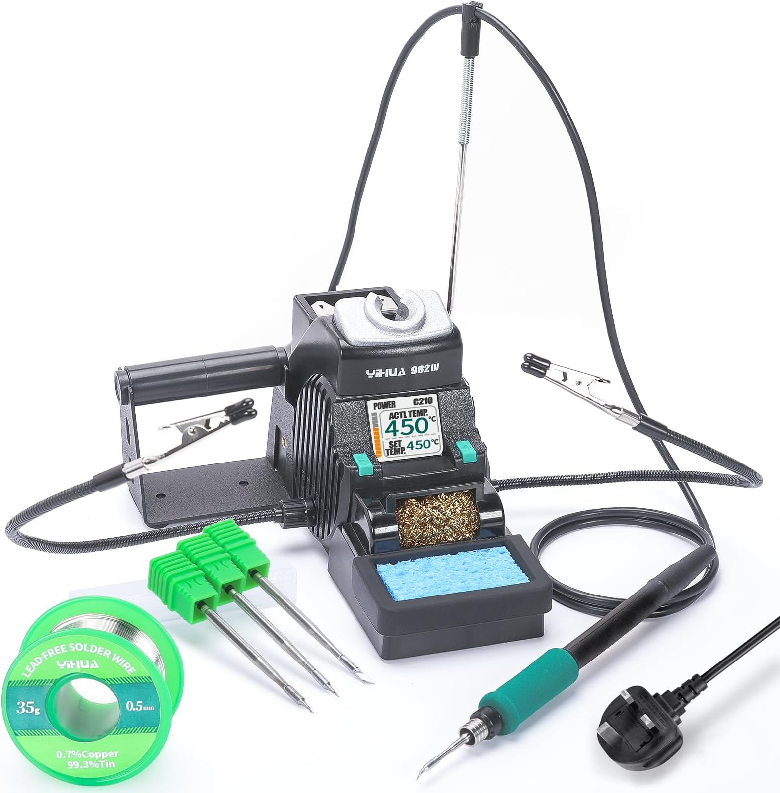 YIHUA 982-III Precision Soldering Station Kit C210-Compatible with 3 C210 Soldering Iron Tips, Lead-Free Solder Wire, Sleep Mode, Auto Standby, Tip Change Slots, Full-Color Display