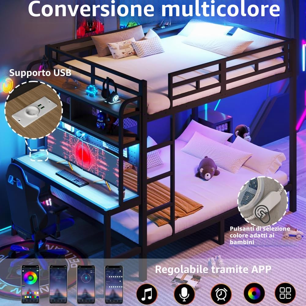 Letto a soppalco 140x200cm con luce LED e porta USB,metallo letto a castello matrimoniale con scrivania e vano portaoggetti,ringhiera di sicurezza,scaletta,ferro Letto per bambini,senza materasso,Nero