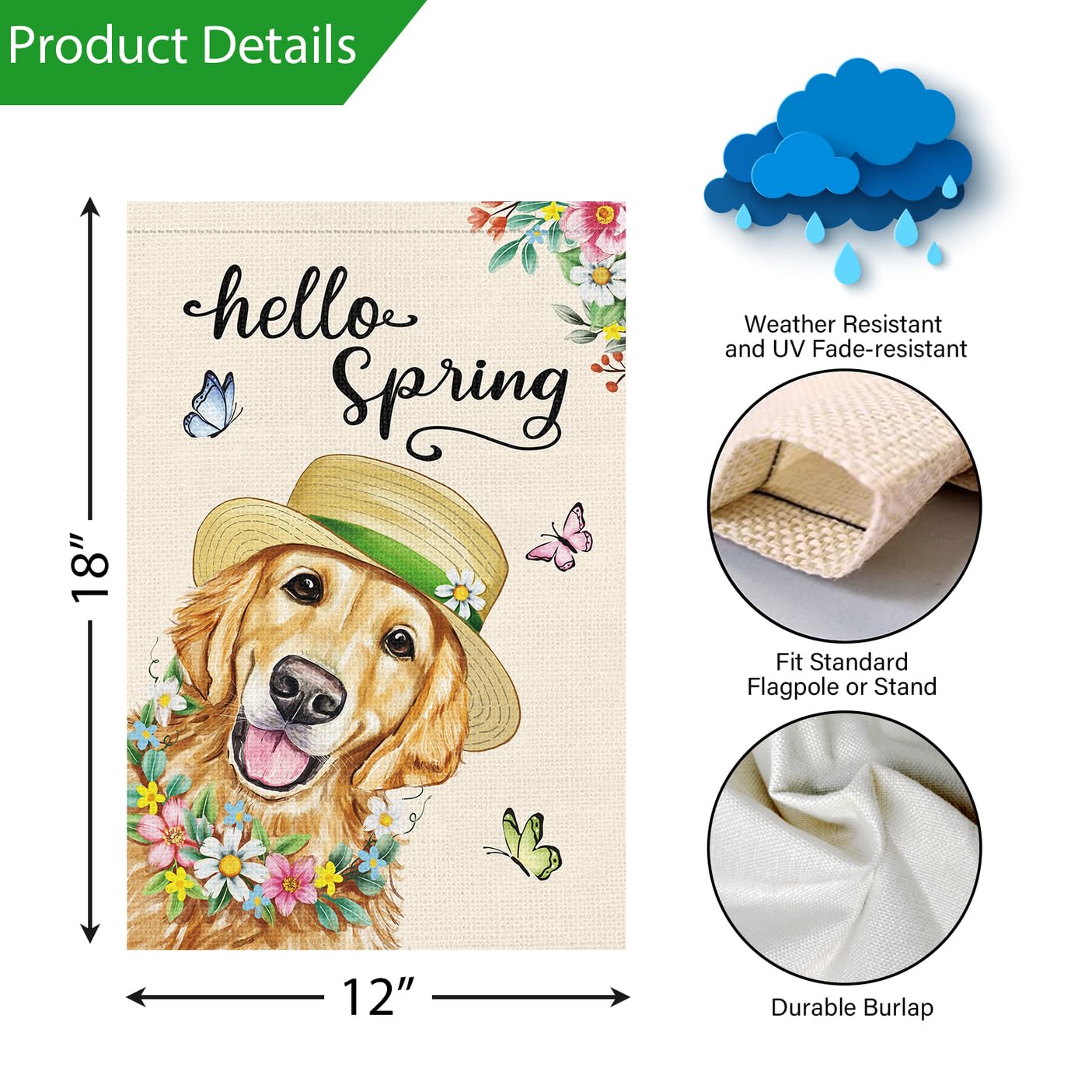 Happy Easter Gartenflagge – Doppelseitig, Sackleinen, Mit Golden Retriever & Hasenohren
