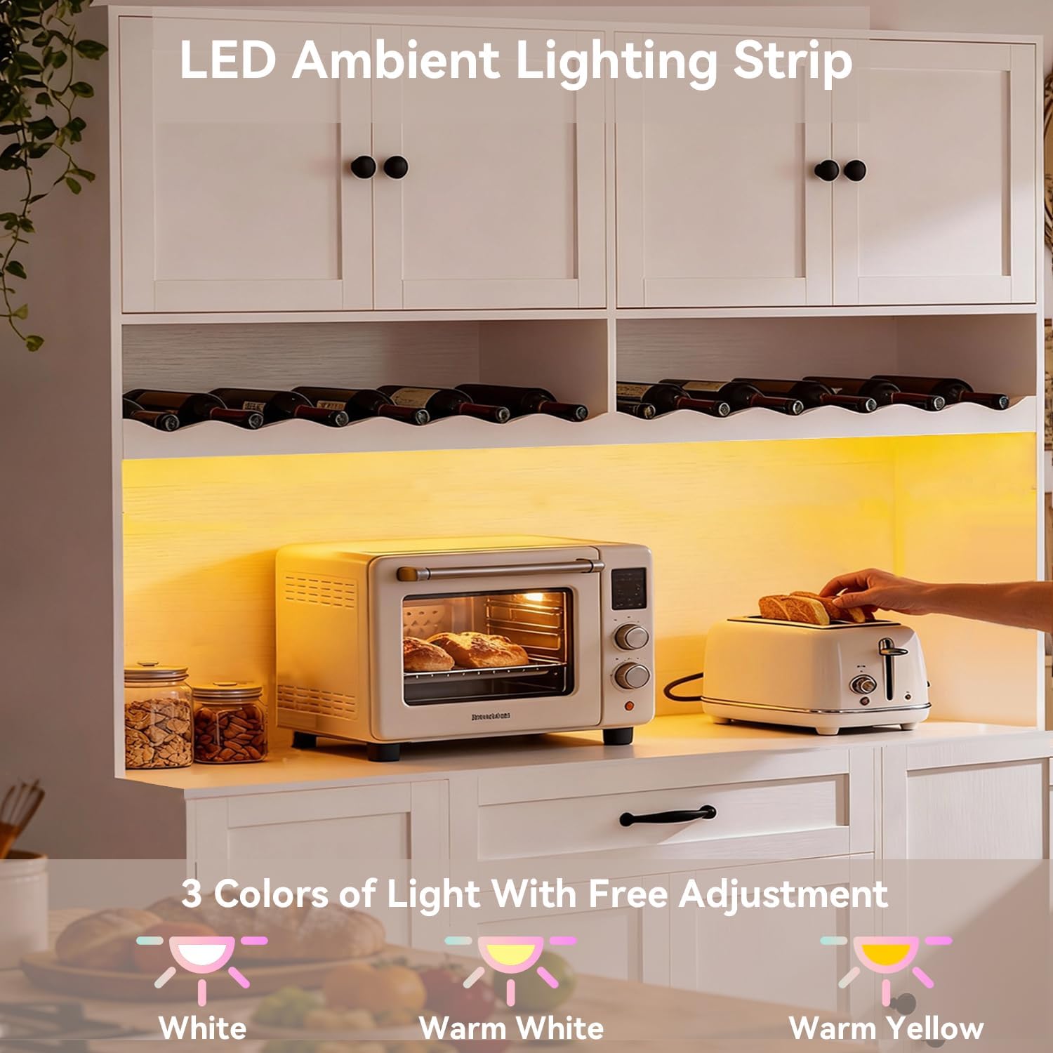 72" Tall Pantry Storage Cabinet with LED Light 55" Wide Kitchen Pantry Cabinet with Charging Station and Adjustable Shelves Modern Kitchen Hutch with Wine Rack and Large Countertop White