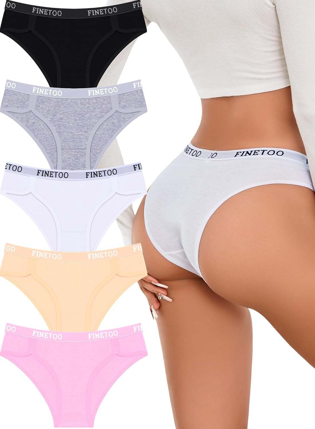 FINETOO Cotton Underwear for Women Cheeky Panties Sexy Hipster Bikini Underwear Elastic Waistband Stretch Briefs 5 Pack
