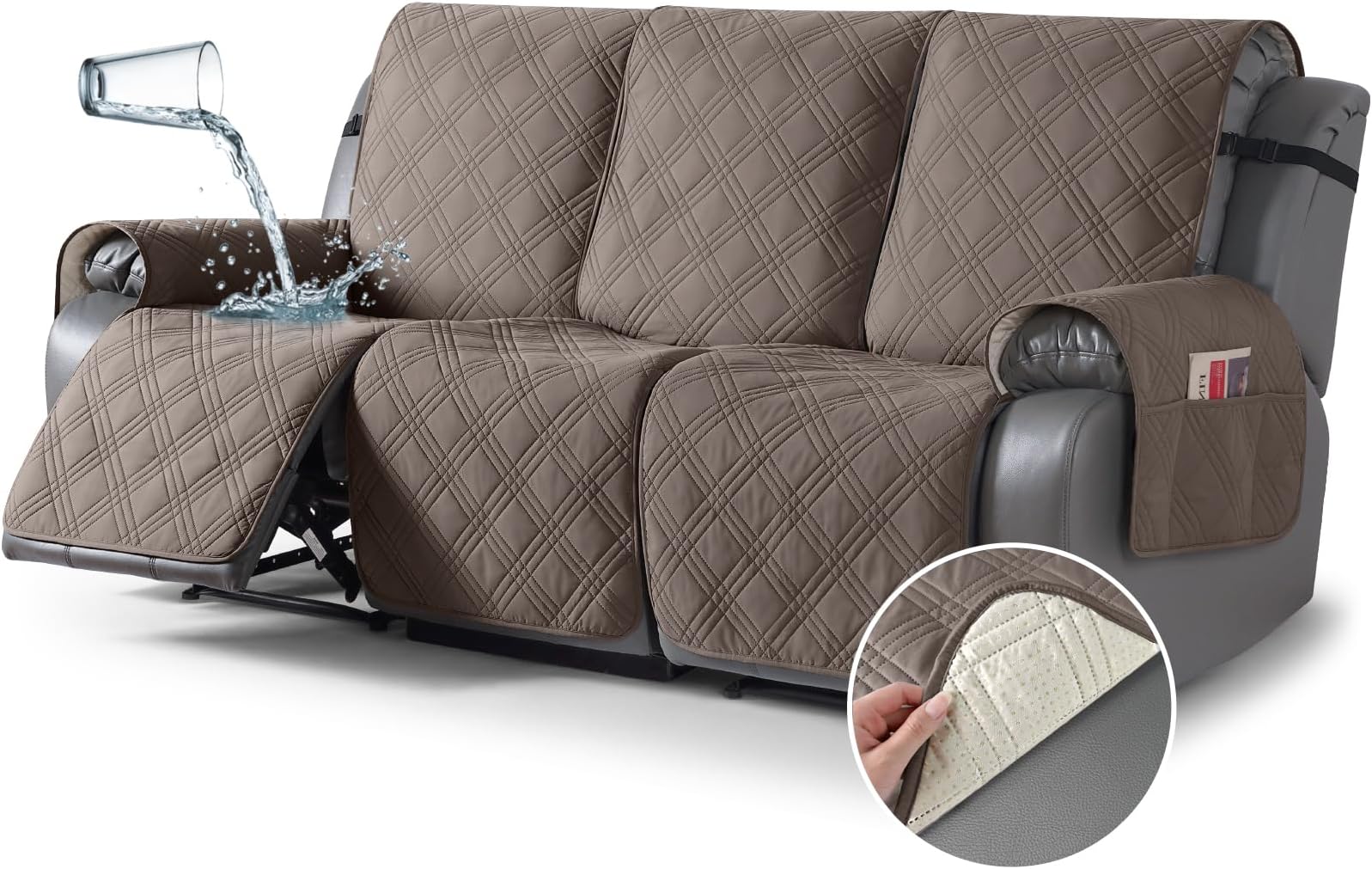 100% Waterproof Recliner Sofa Cover Non-Slip Split Sofa Slipcover, Washable Reclining Sofa Cover Recliner Furniture Protector with Elastic Straps Pocket for Kids, Dogs, Pets(3 Seater, Taupe)