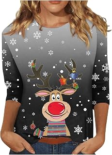 KEXIMIXUE Ladies Christmas Sweatshirts Birthday Cozy Fall Three Quarter Sleeve Blouse Ladys Retro Plus Size Patchwork Round Nec Tops Cozy Tshirt Ladys