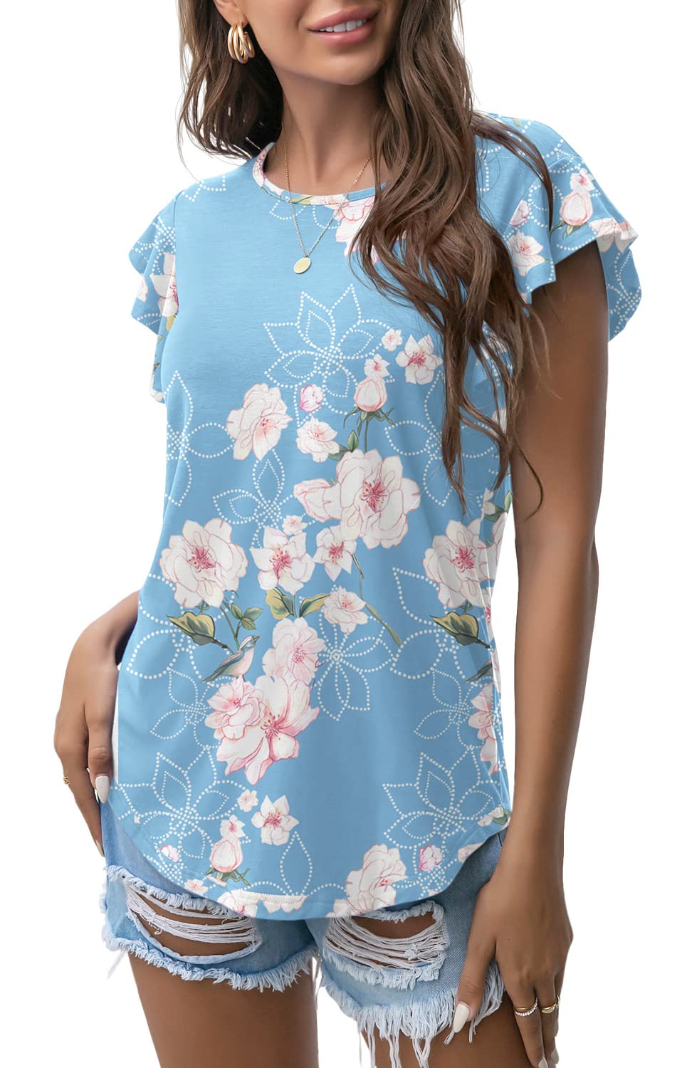 PrinStory Summer Tops Knit Shirts Casual Ruffle Short Sleeve Top Round Neck Tunic Tank Tops Tee Blouse For Women