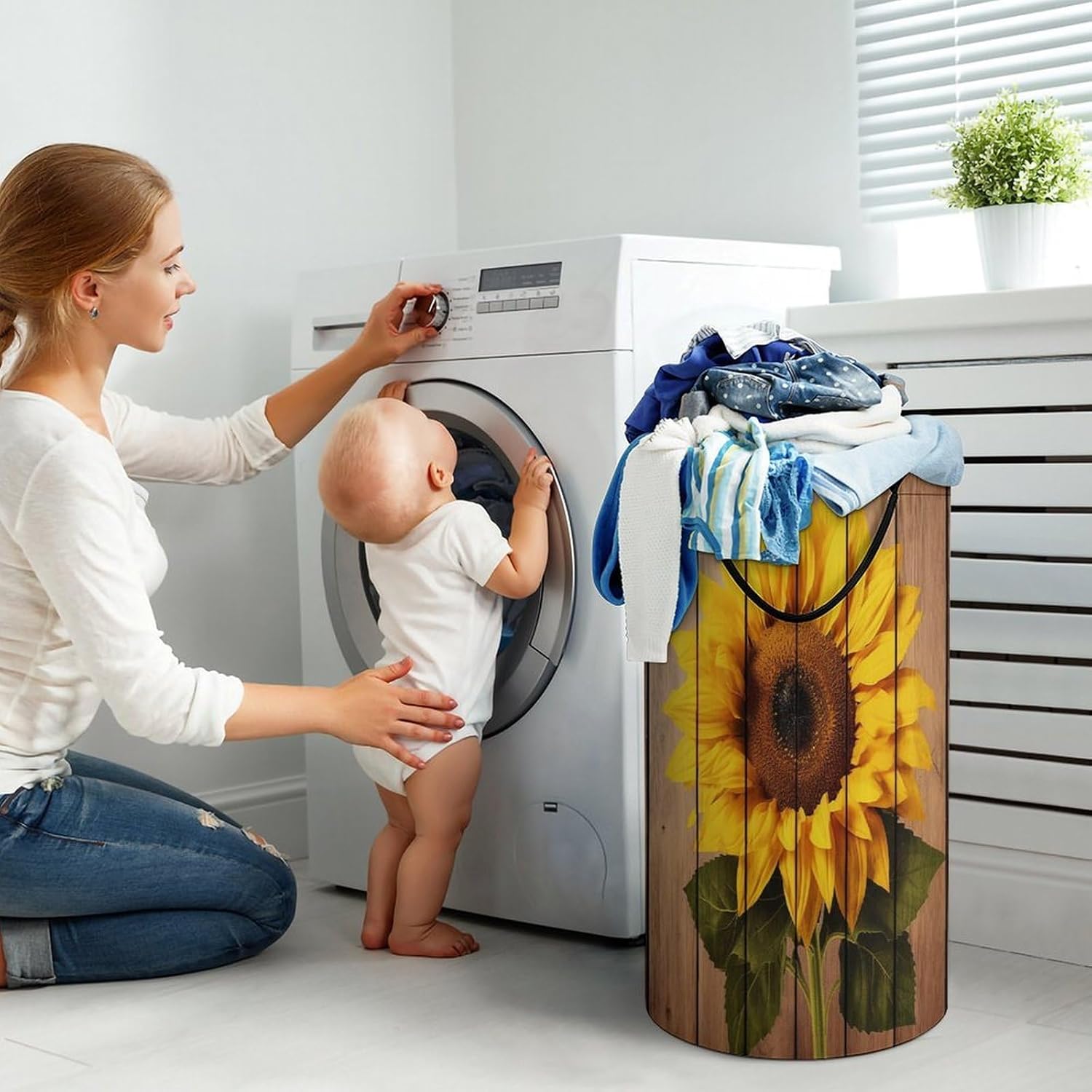 Sunflower with Wood Laundry Basket Freestanding Laundry Hamper with Handles Waterproof Dirty Clothes Hamper Collapsible Washing Bin Aesthetic Clothes Basket for Bathroom Bedroom Dorm