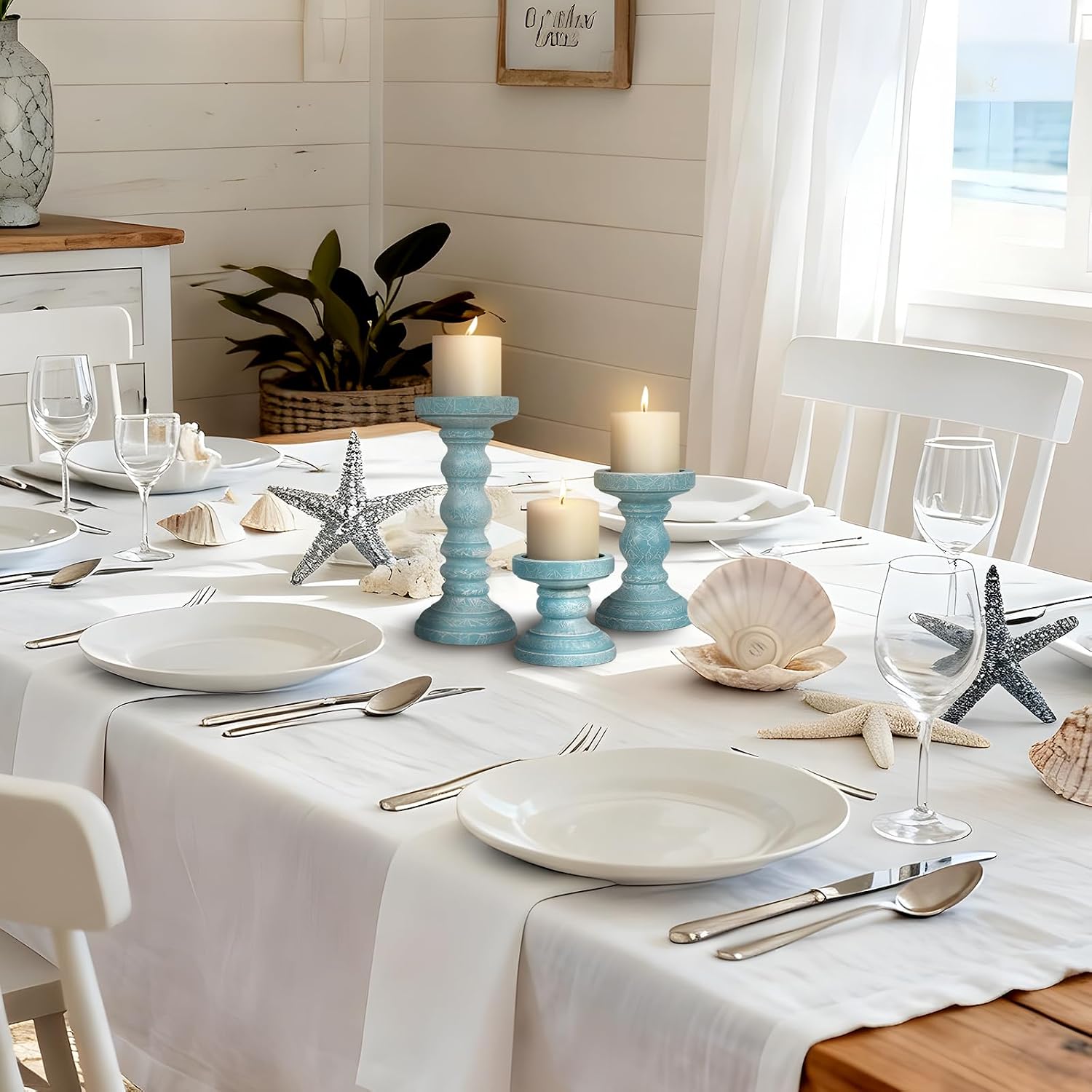 Condition photo showing Good Condition for candle holder for pillar candle set of 3, ocean themed beach decor candle holders, coastal farmhouse nautical rustic decorations for bathroom, living room, dining room and office, blue blue medium