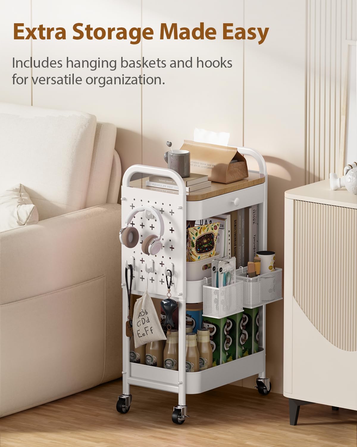 ALVOROG Rolling Cart with Drawer and Wood Table Top, 3 Tier Metal Rolling Utility Cart on Wheels with DIY Pegboards, Hanging Baskets, Hooks for Kitchen, Bedroom, Office, Craft Supplies