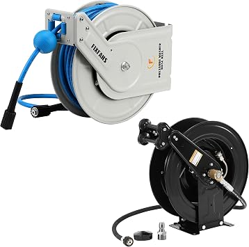 FIXFANS Pressure Washer Hose Reel with Hose 1/4" 60ft, Auto-Retractable Power Wash Hose Reel 3/8" X 50 FT
