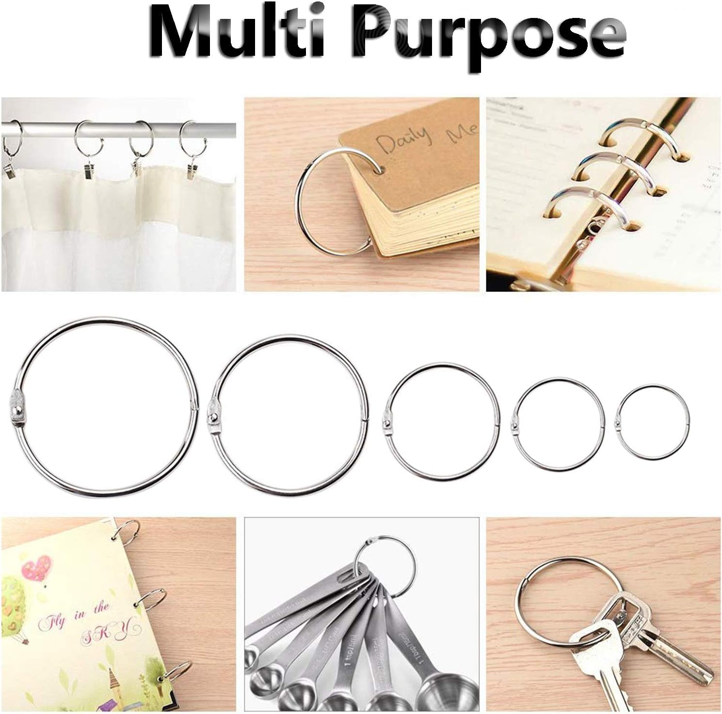 60-Pack Loose Leaf Binder Rings Assorted Sizes(Inner Diameter 0.8, 1, 1.25, 1.5, 2 inch) Book Rings, Premium Metal Keychain Rings for School,Office,Home by Jetmore : Office Products