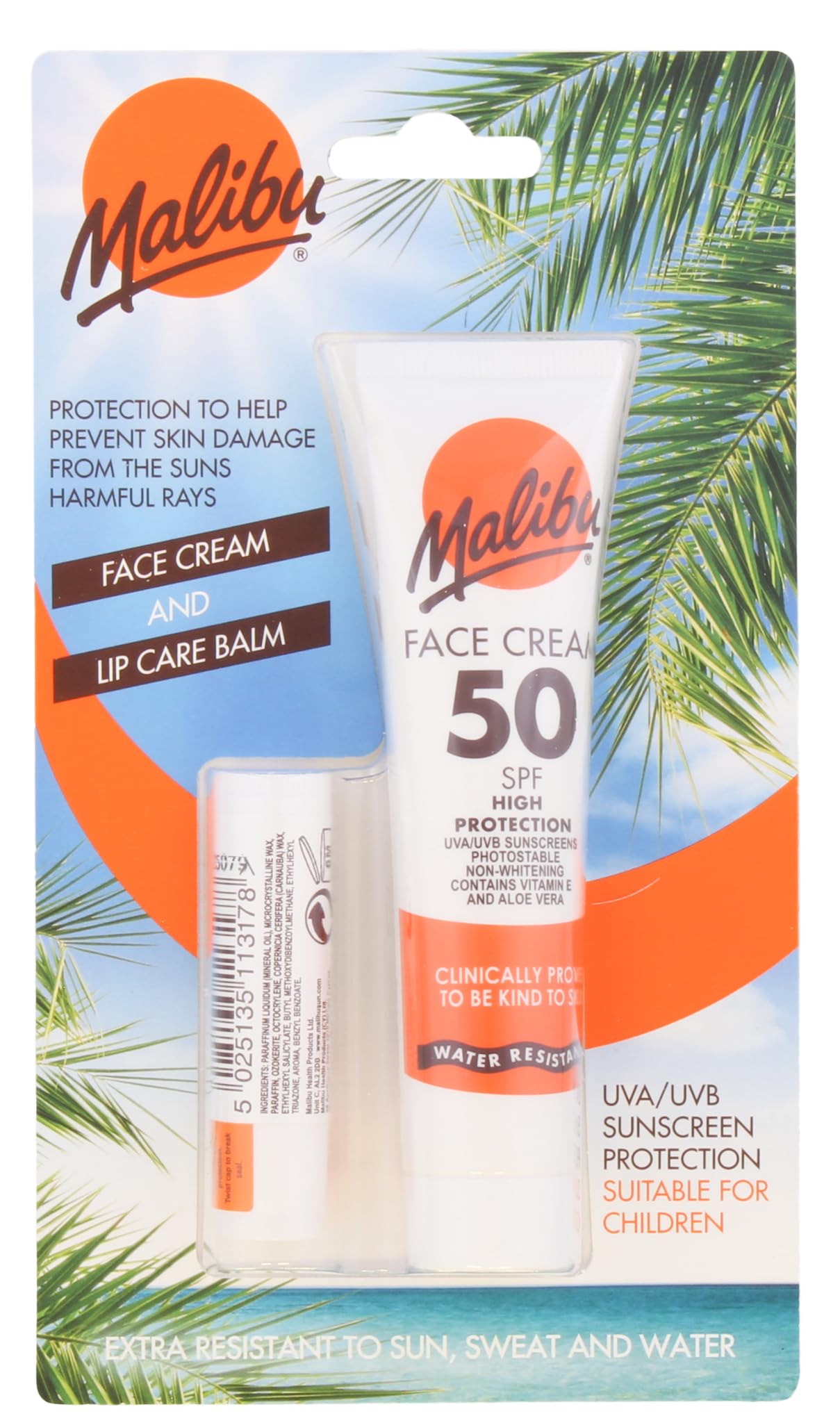 Malibu Sun SPF 50 Face Cream and 30 Lip 40 ml (Pack of 1), Multicoloured