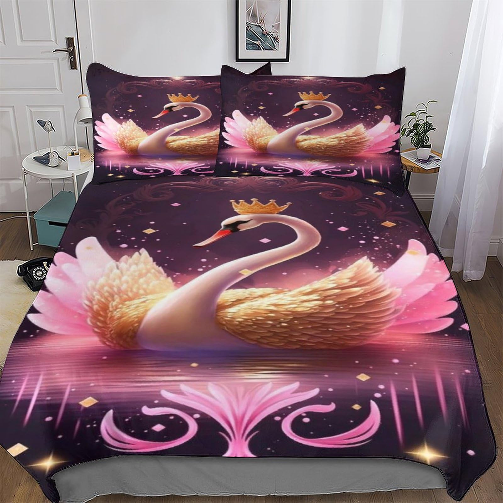 Abaswsa Boys Swan-1 Swan Comforter Cover Set Microfibre Bedding Set Duvet Cover With Pillowcases Soft Quilt Cover 3 Pcs For Girls Double (200X200cm)