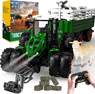 PENGBU RC Tractor Toy from 3 Years, 2.4 GHz Remote Controlled Tractor with Trailer, RC Tractor Toy with Remote Control, Cow and Sheep, Gift 2 3 4 6 Years