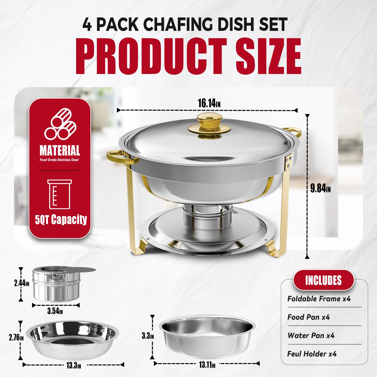 IMACONE Juego de 4 platos de roce redondos de acero inoxidable de 5 cuartos para catering, fogatas mejoradas y calentadores de buffet con bandeja de alimentos y agua, tapa, marco dorado, soporte de